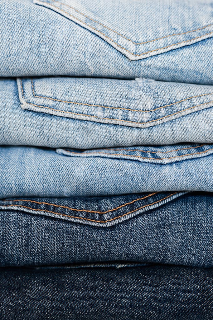 Close-up view of stacked denim jeans showcasing different shades and styles for fashion retail.